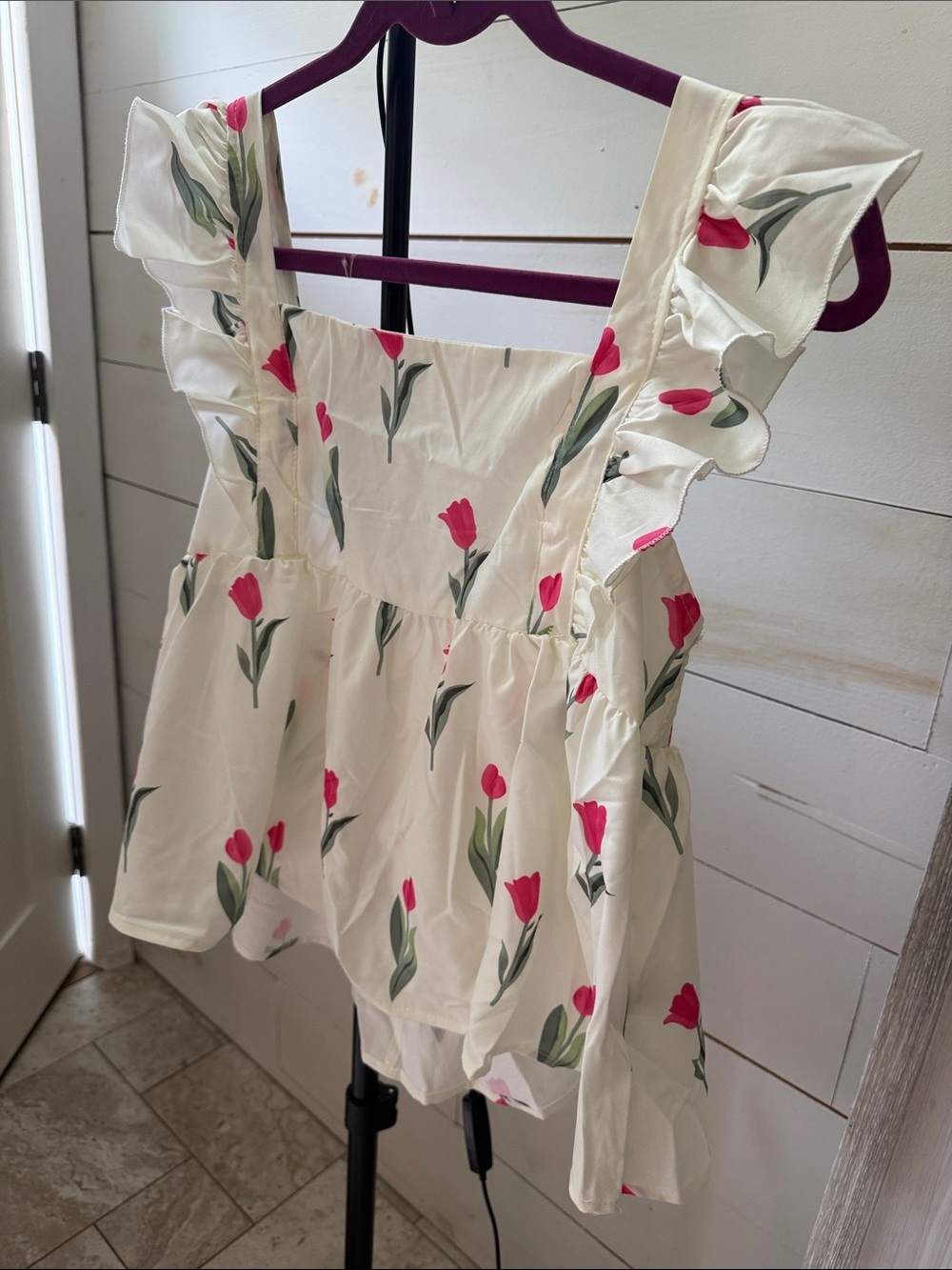 Floral Tulip Ruffle-Sleeve Peplum Blouse - White/Pink - Picture 4 of 6